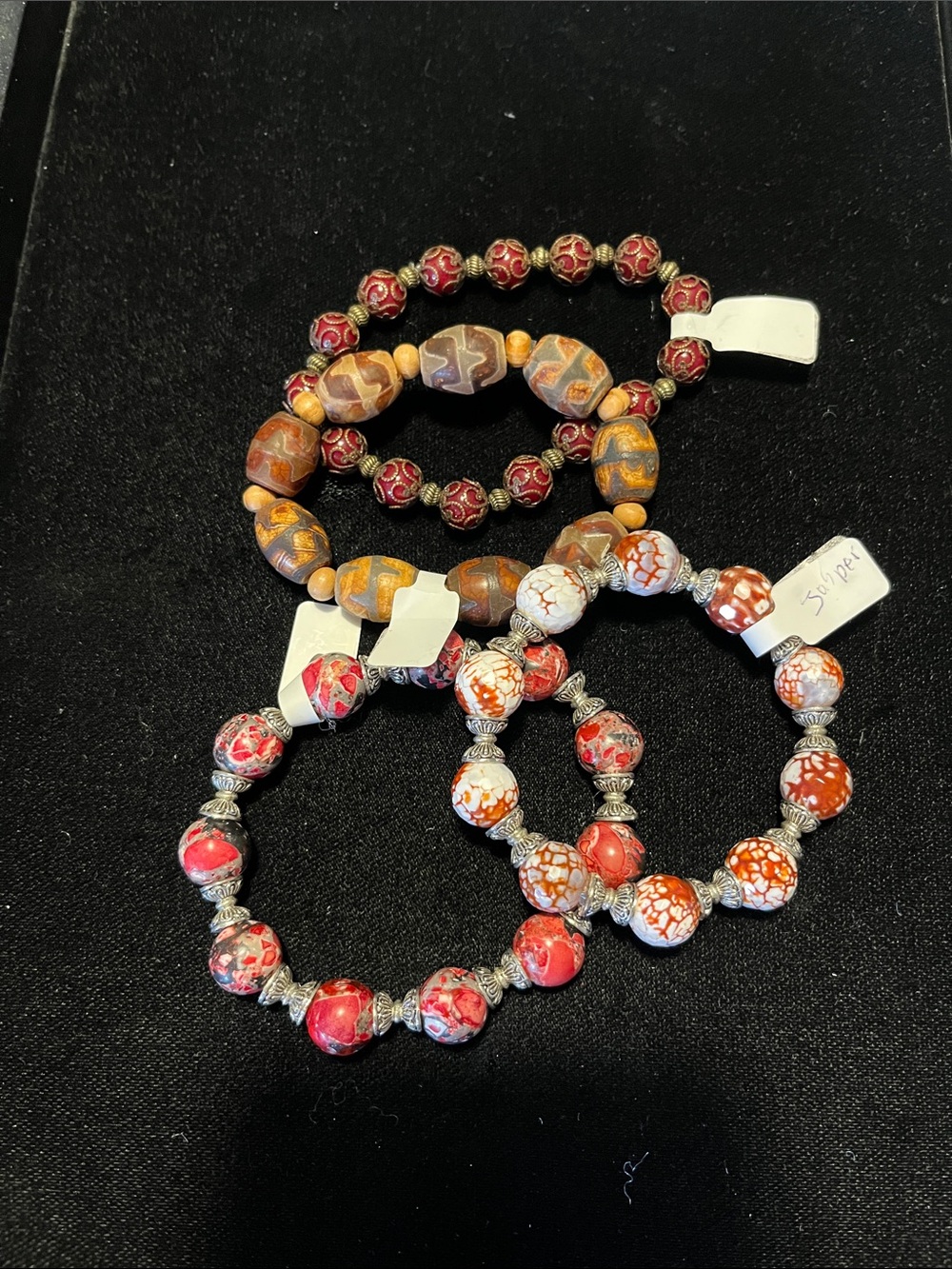 Red & Orange Beaded Stretch Bracelet with Silver-Tone Accents